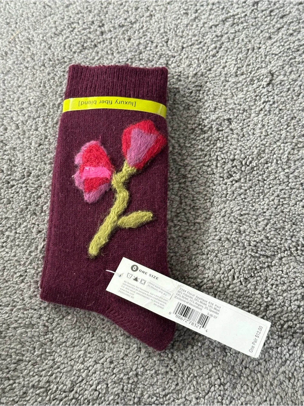 NWT HUE d'LUXE Plum Floral Embellished Socks Modal Wool Fairycore Whimsigoth